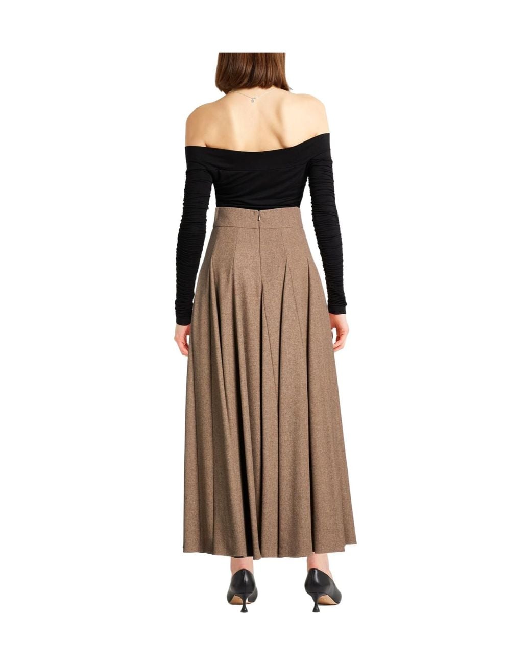 Max Mara Brown Solid-Color Flannel Midi Skirt