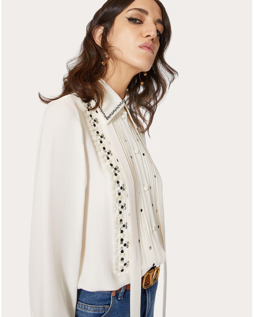 Valentino White Logo Lapel Long-Sleeved Shirt