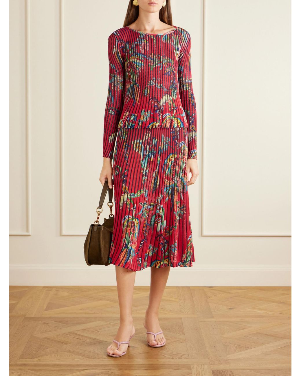Etro Red Floral And Paisley-Print Knitted Midi Skirt