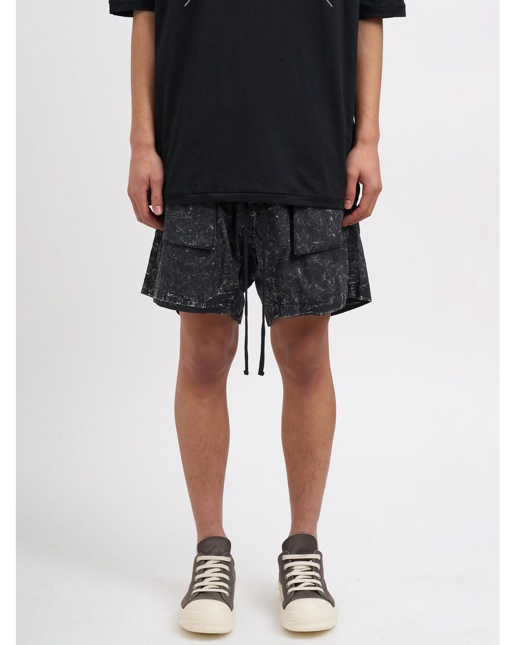Thom Krom Black Marble-Print Drop-Crotch Shorts for men