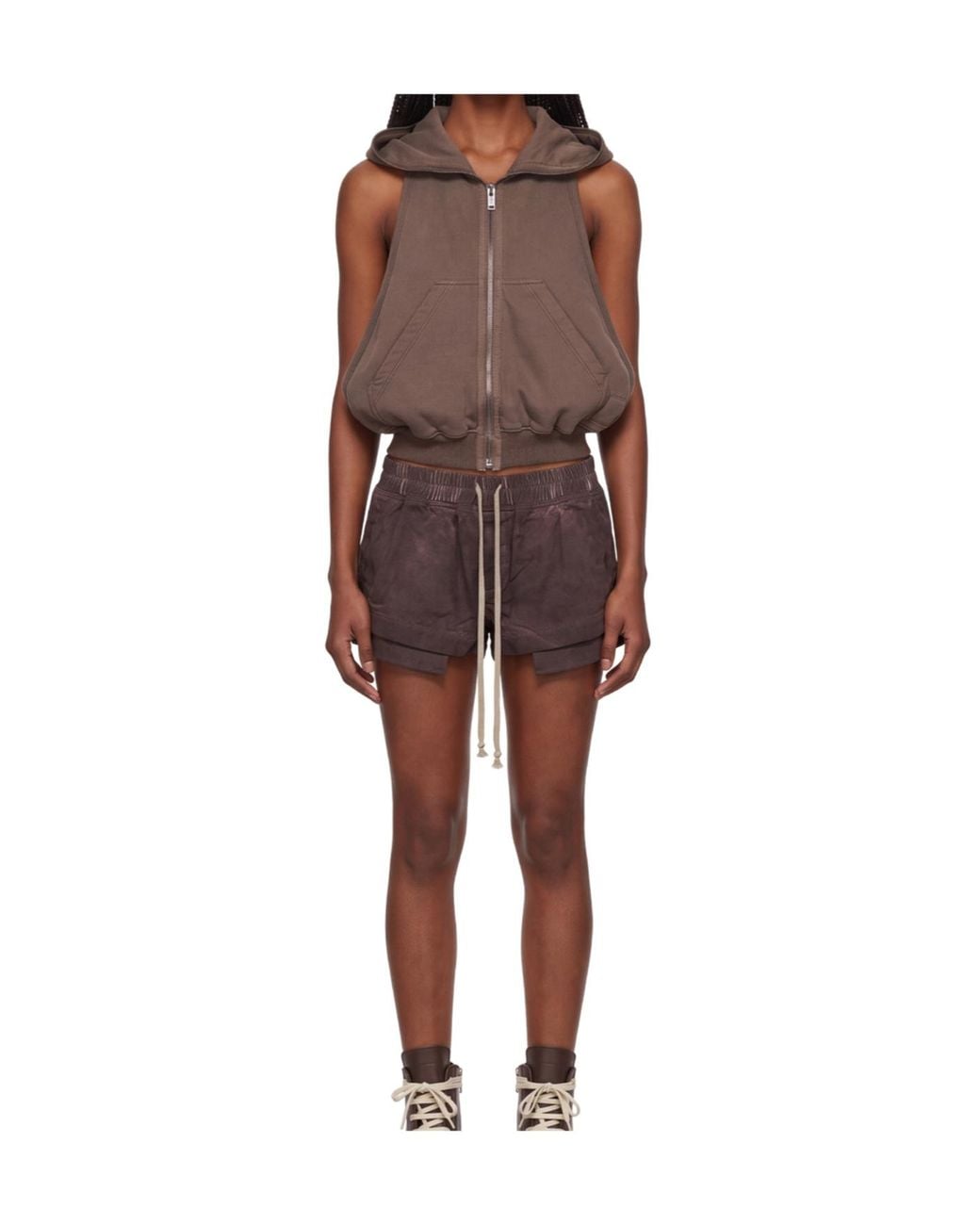 Rick Owens Brown Sleeveless Zip-Up Hooded Gilet