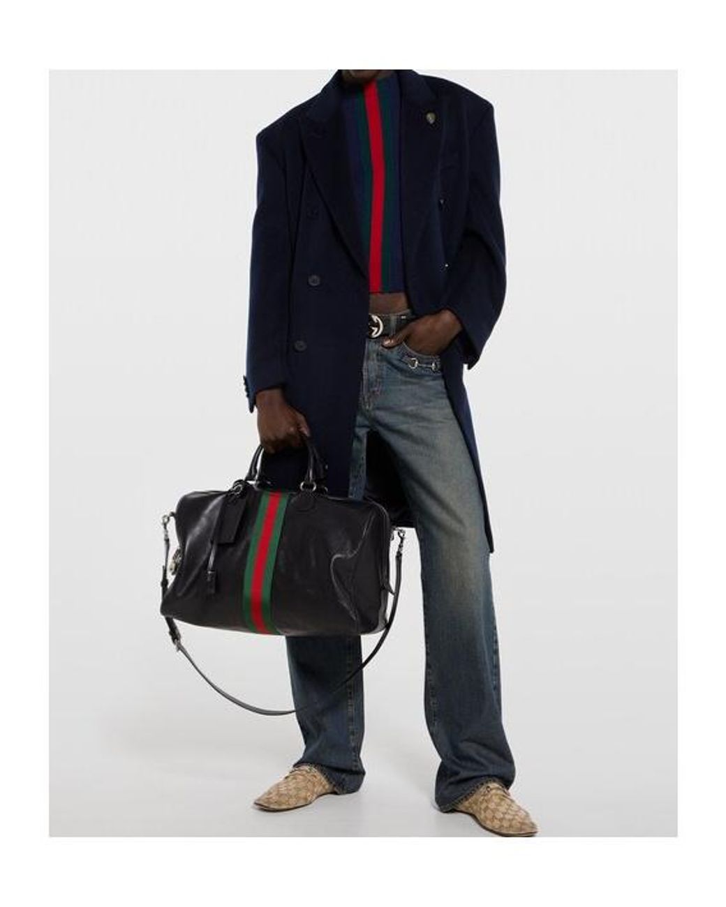 Gucci Black Web Trademark Medium Duffle Bag, Leather for men