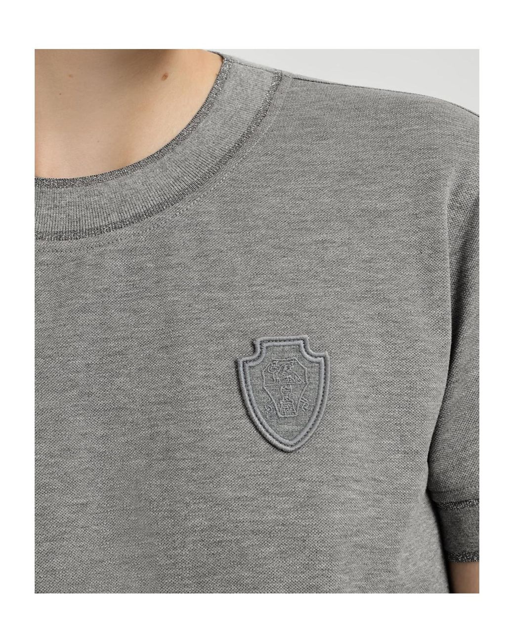 Brunello Cucinelli Gray Stretch Cotton Piqué T-Shirt With Sparkling Cotton Knit Inserts And Logo