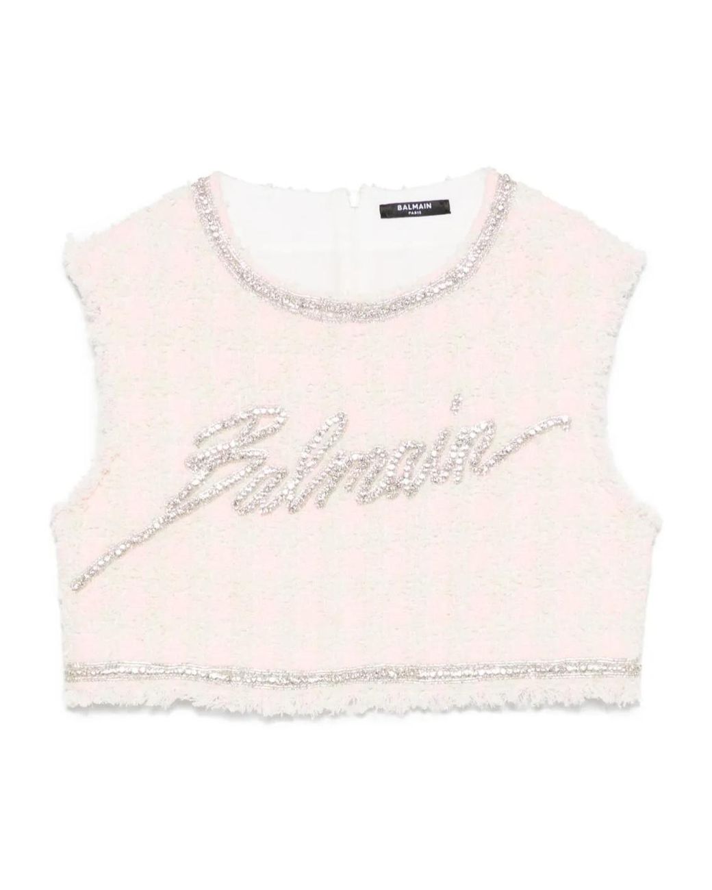 Balmain Natural Embellished Trim Tweed Cropped Top