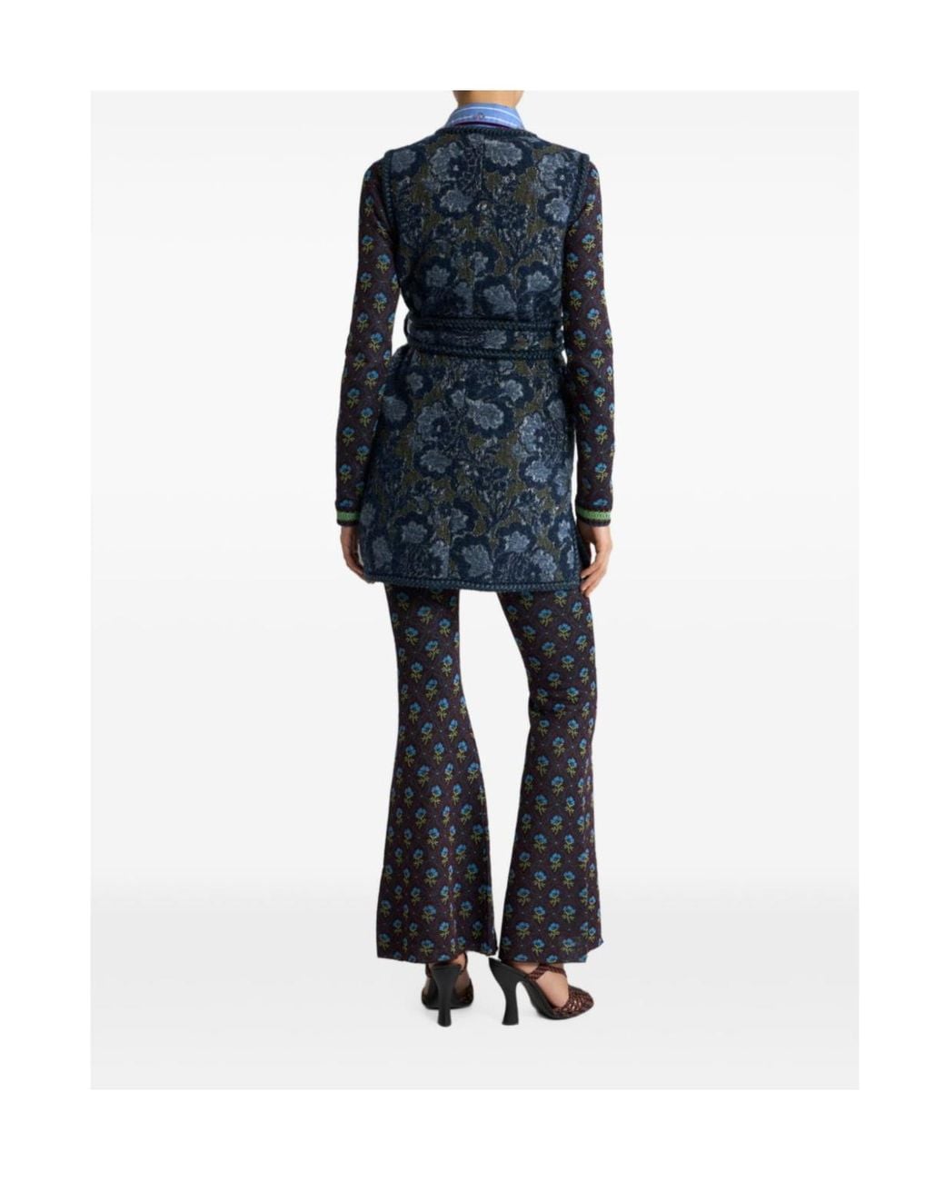Etro Blue Floral Motif Boucle Jacquard Long Vest