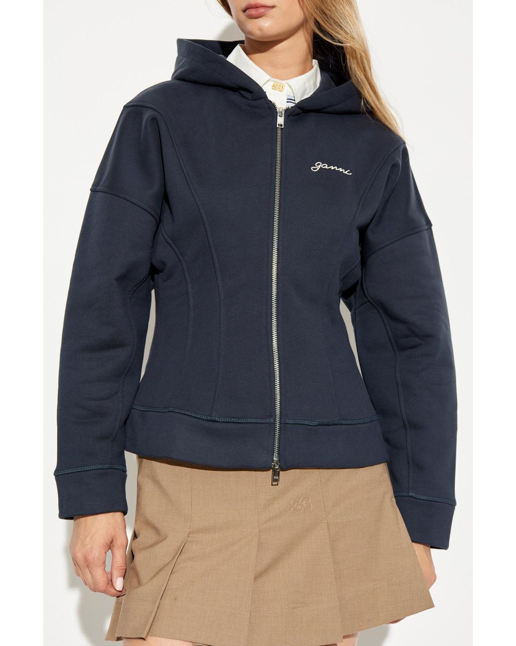 Ganni Blue Logo Embroidered Zipped Hoodie
