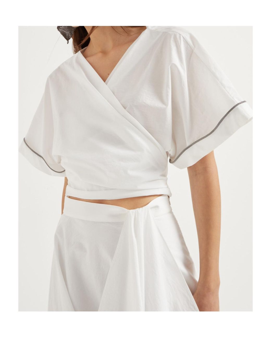 Brunello Cucinelli White Shiny Trim Poplin Kimono-Style Top