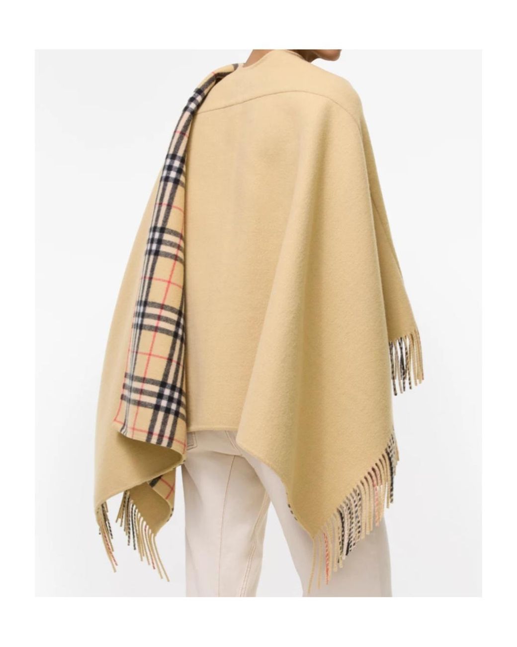 Burberry Natural Checked Fringed Cape