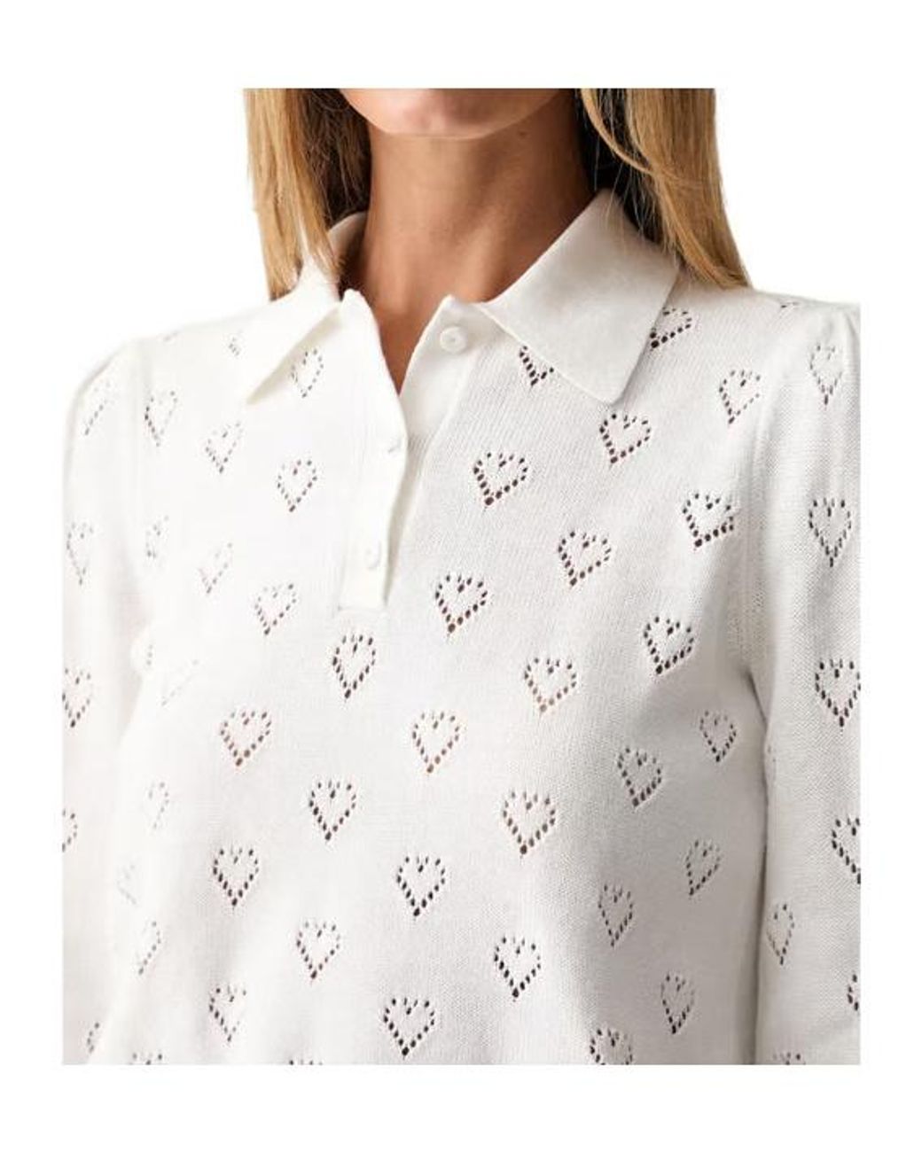 Twinset White Heart-Pointelle Puff-Sleeve Polo Top