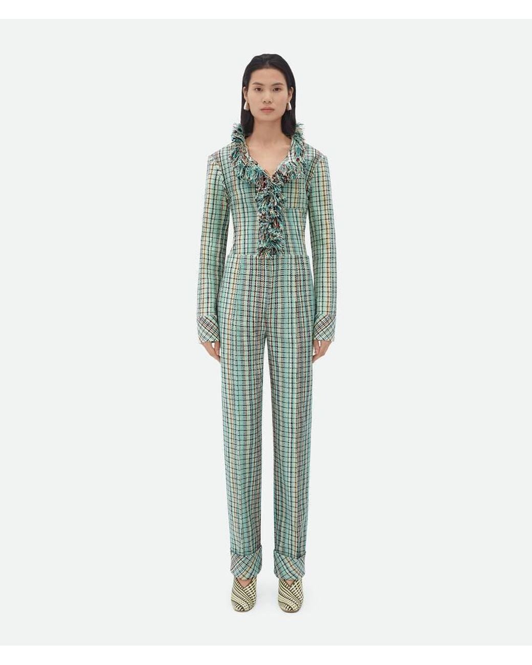 Bottega Veneta Green Cotton Check Jacket With Fringes
