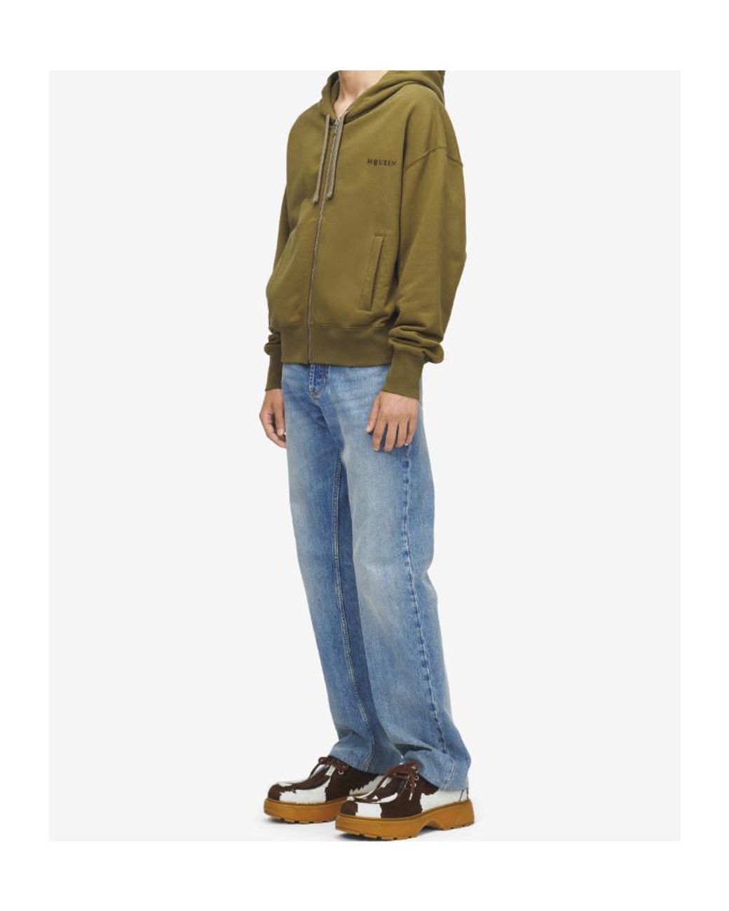 McQueen Green Logo Embroidered Zip-Up Hoodie for men