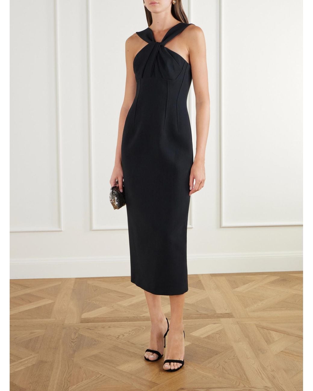 Emilia Wickstead Black Open-Back Twisted Darted Birdseye Halterneck Midi Dress