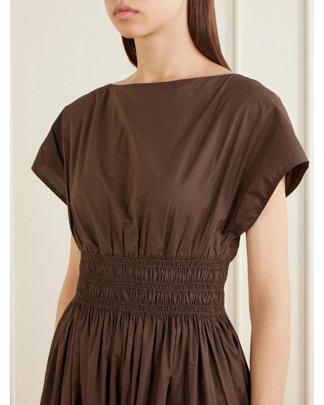 Matteau Brown Shirred Organic Cotton-Poplin Maxi Dress