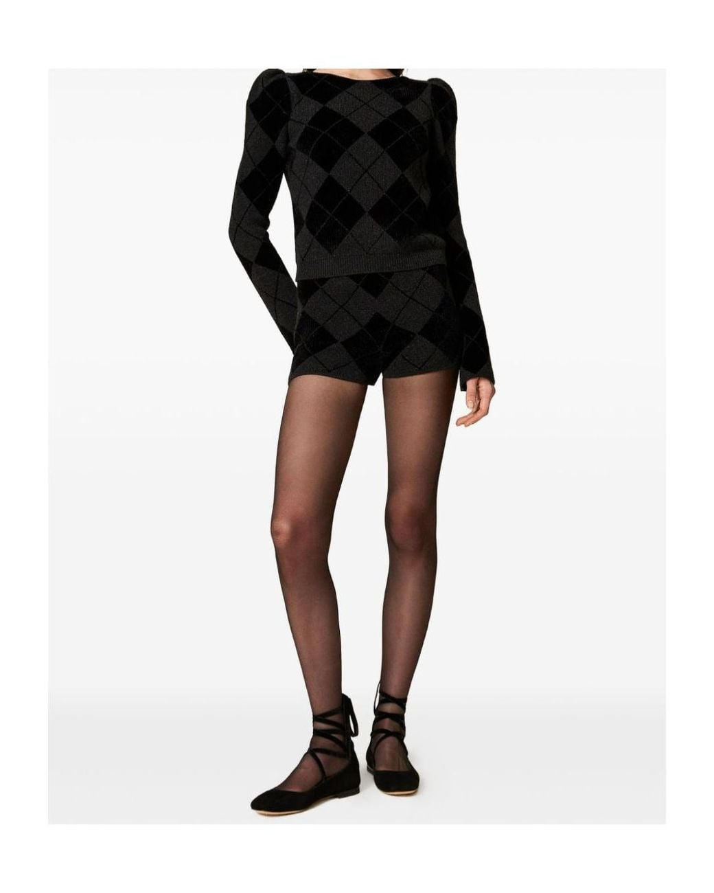 Twinset Black Diamond-Pattern Knit Shorts