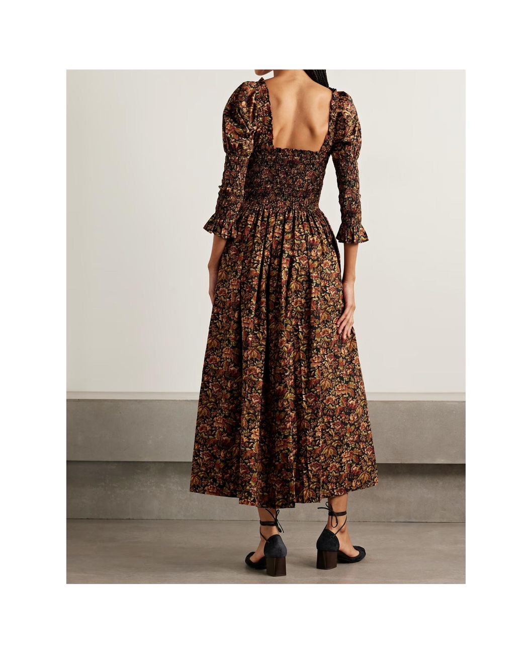 Doen Brown Bijou Shirred Floral-Print Organic Cotton-Voile Midi Dress