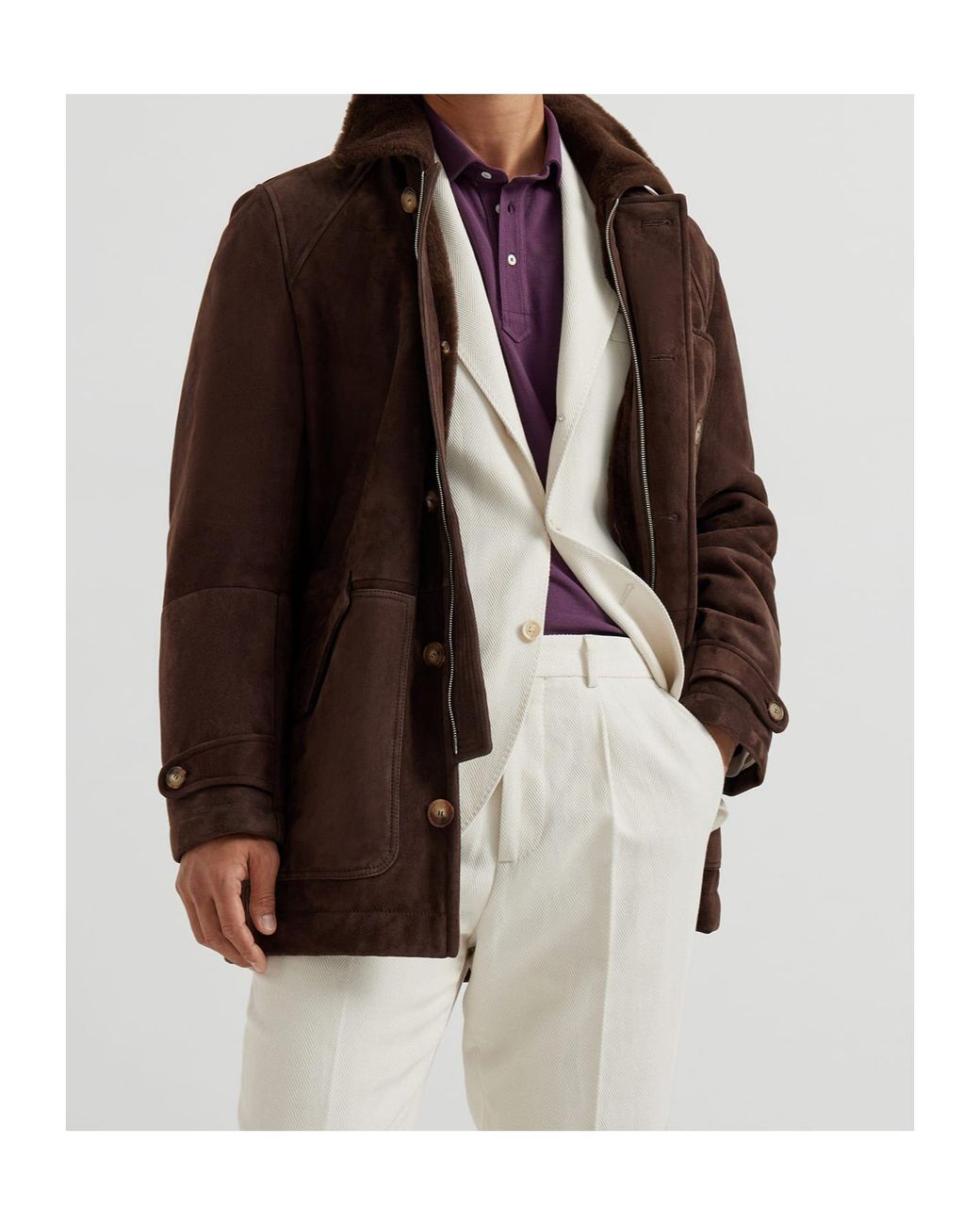 Brunello Cucinelli Brown Straight Hem Shearling Coat for men