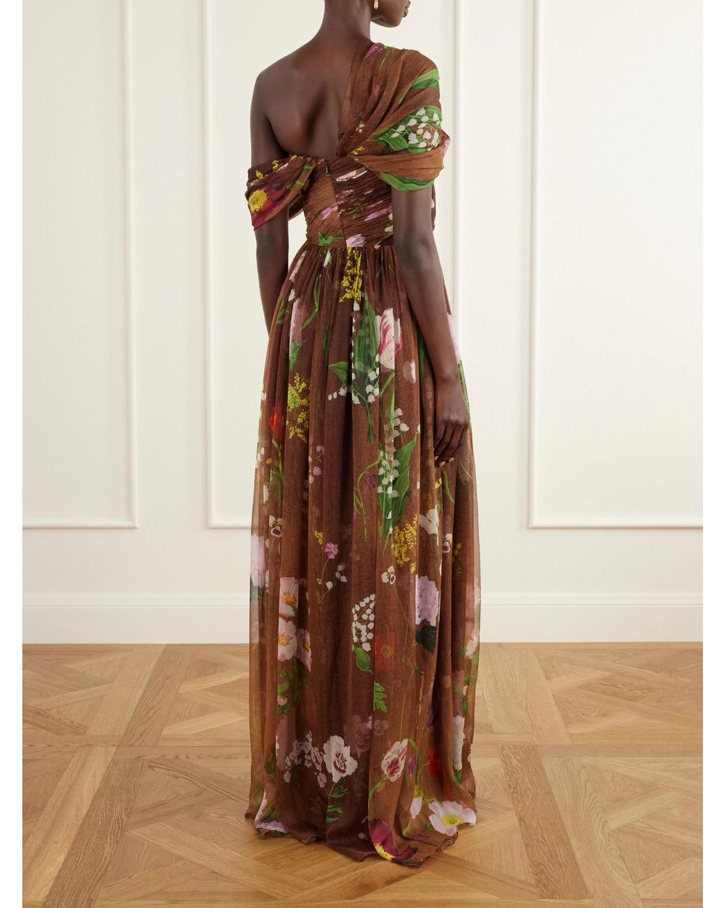 Oscar de la Renta Brown Off-The-Shoulder Pleated Floral-Print Silk-Chiffon Gown