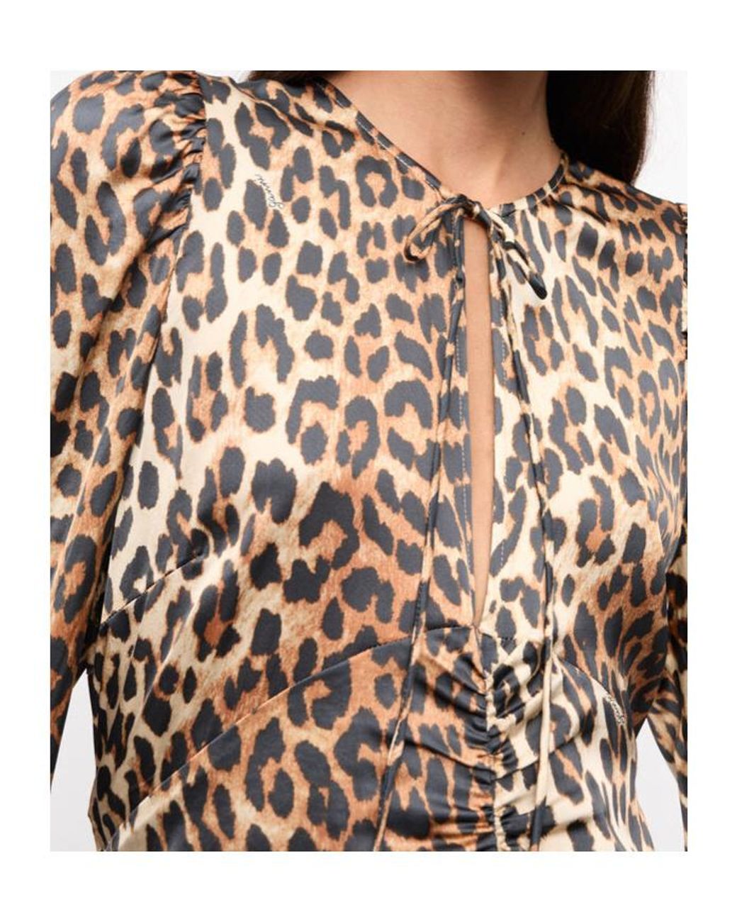 Ganni Multicolor Leopard Print Satin Ruched Midi Dress