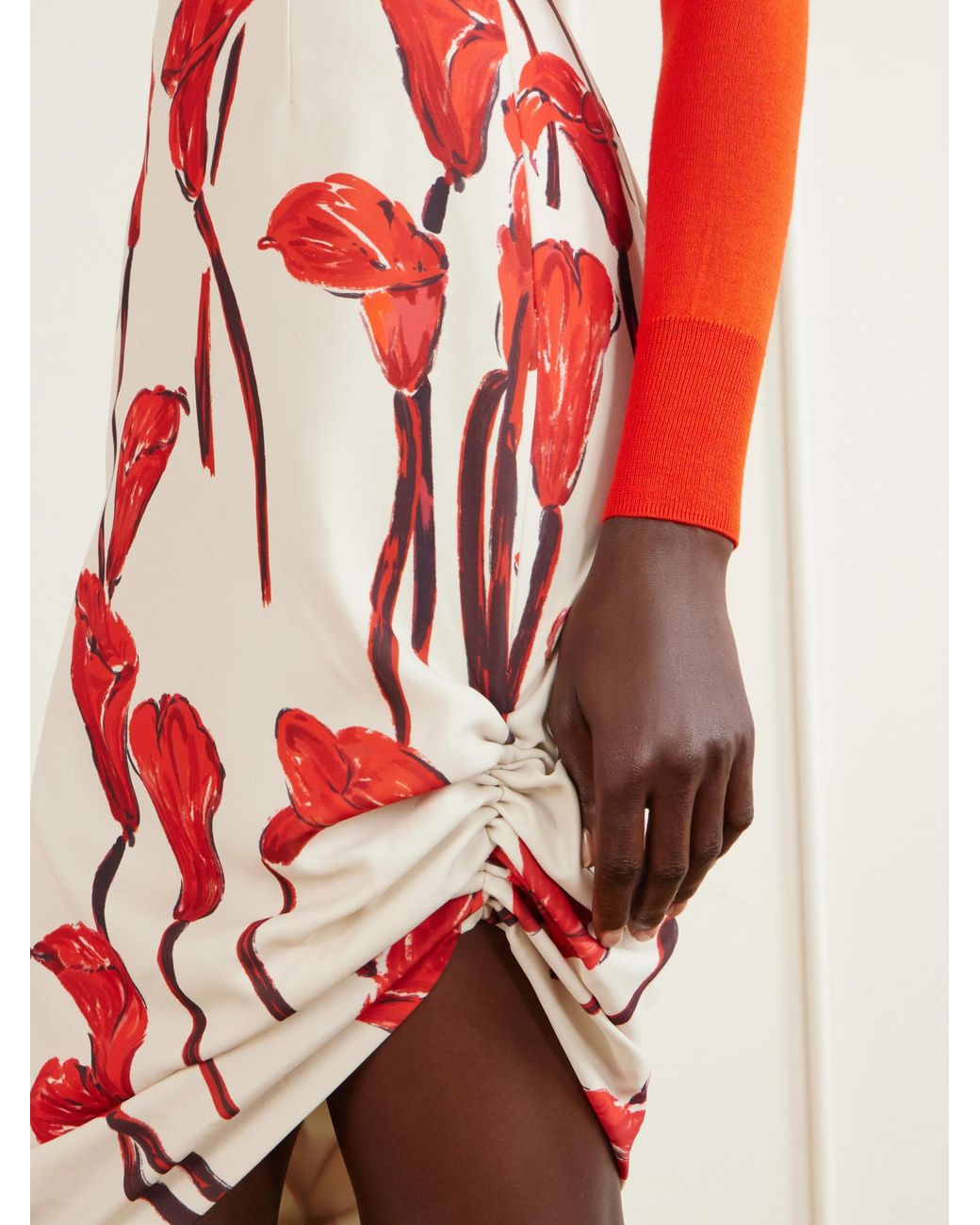 Carolina Herrera Red Floral-Print Cady Midi Skirt