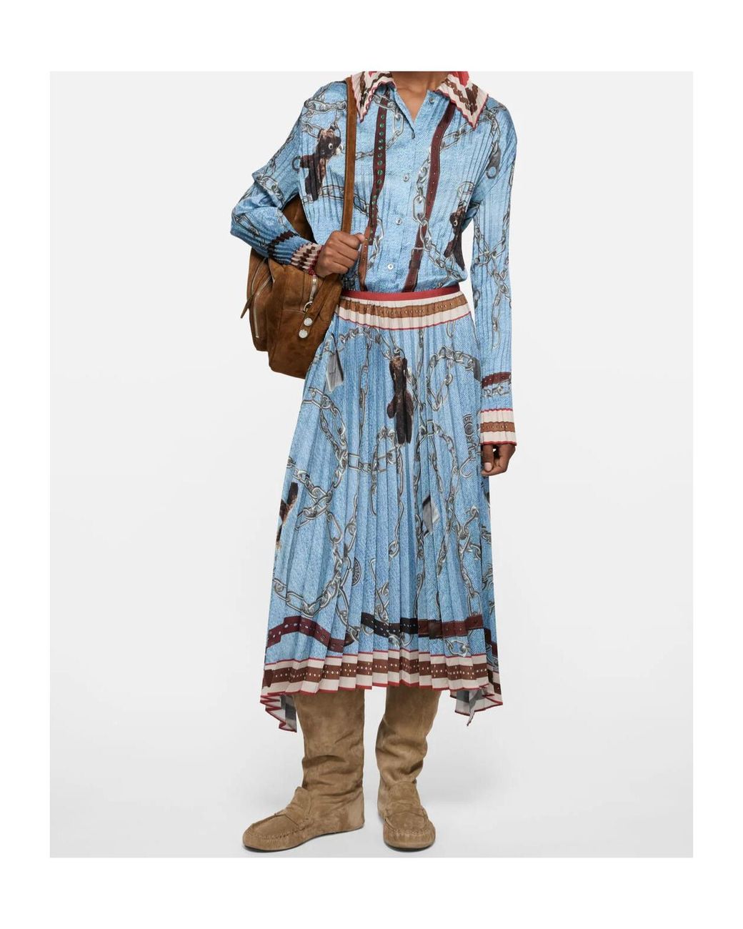 Acne Blue Pleated All-Over Print Midi Skirt