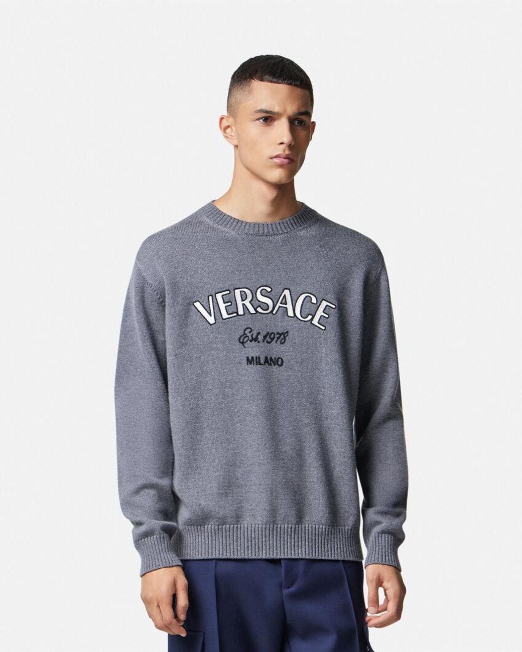 Versace Gray Logo-Embroidered Crewneck Jumper for men