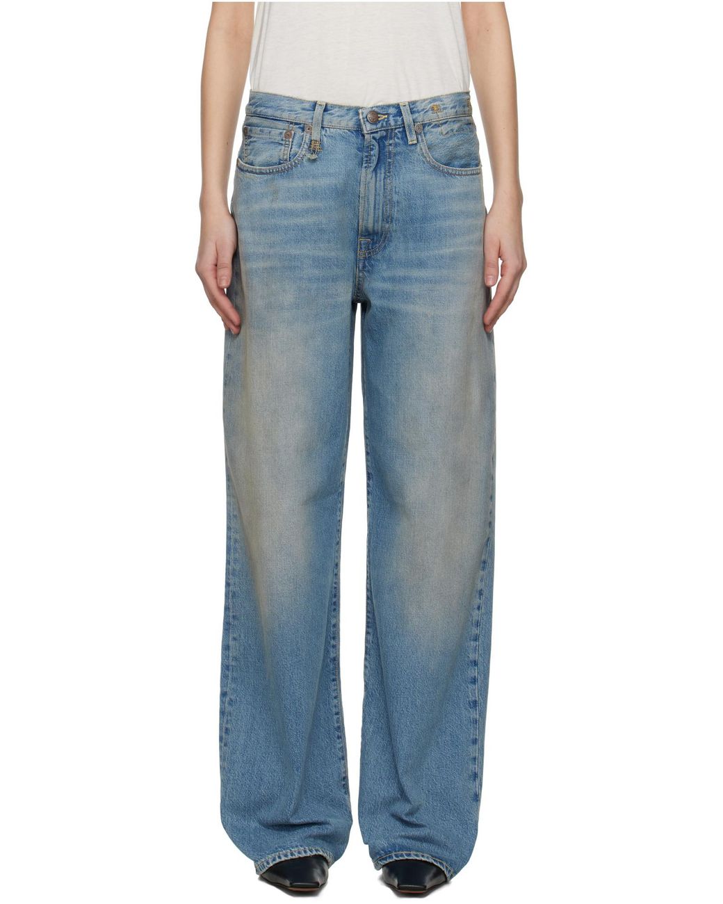 R13 Blue Wide-Leg Distressed Jeans