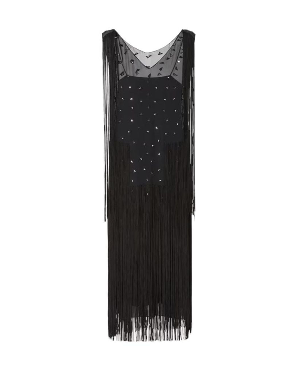 Fendi Black Silk Dress With Mirrors And Fringes
