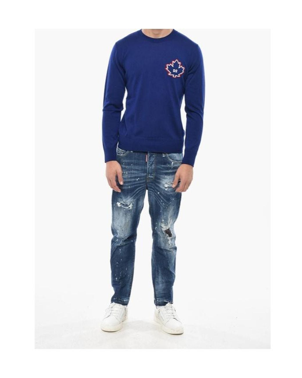 DSquared² Blue Maple-Leaf Patch Crew-Neck Sweater for men