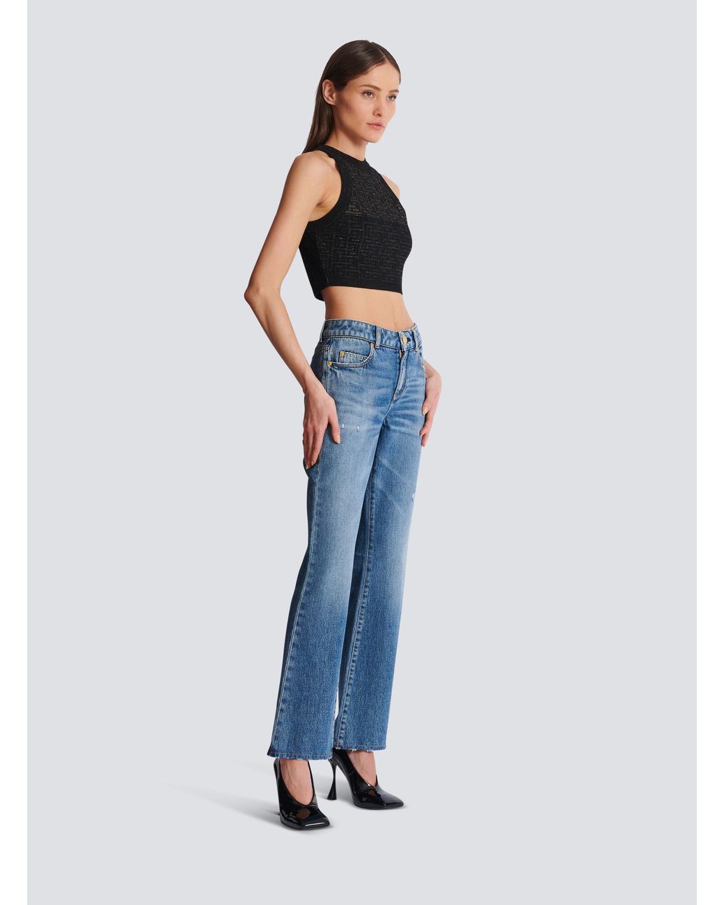 Balmain Black Metallic Monogram Jacquard Crop Top