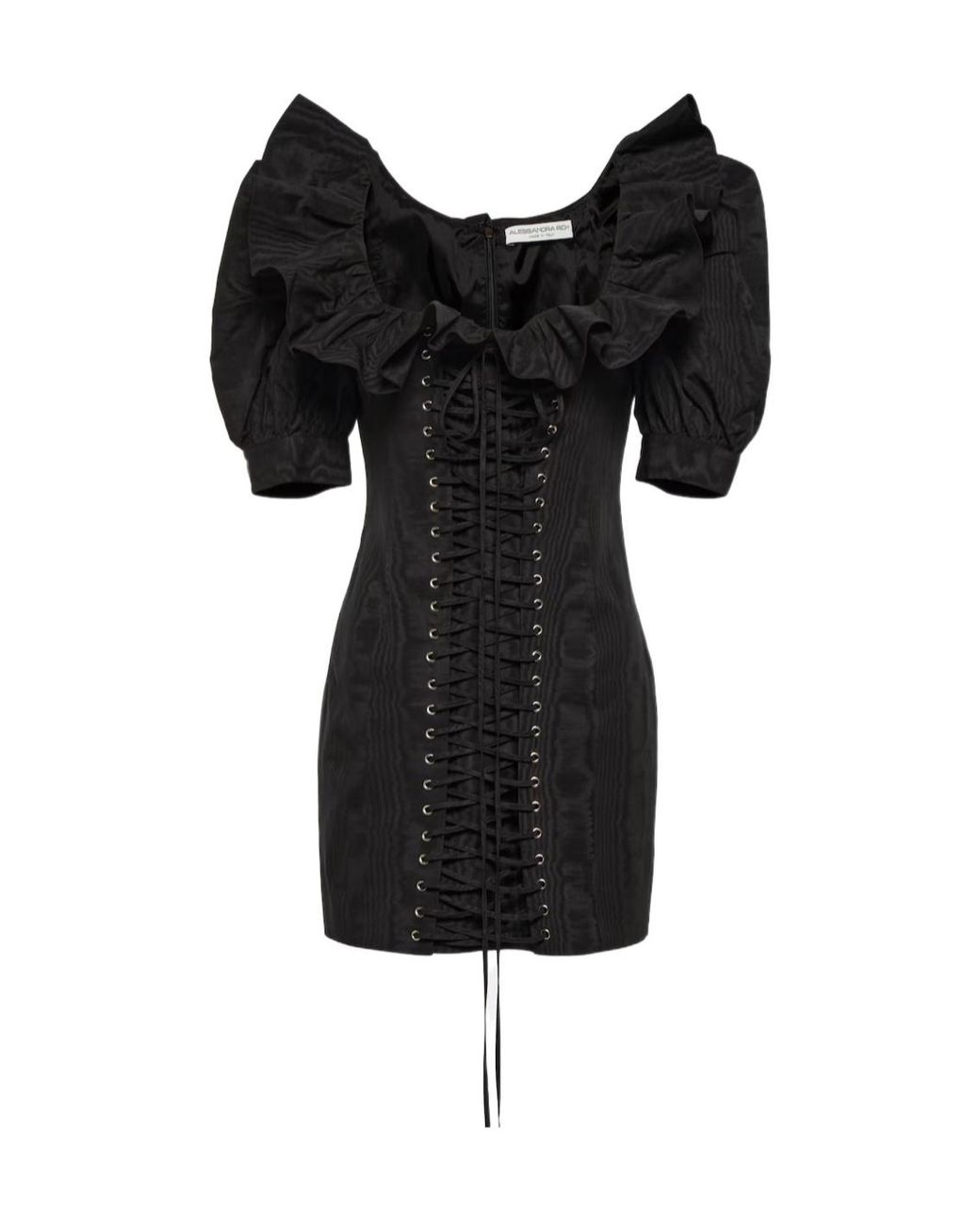 Alessandra Rich Black Ruffled Puff-Sleeve Minidress