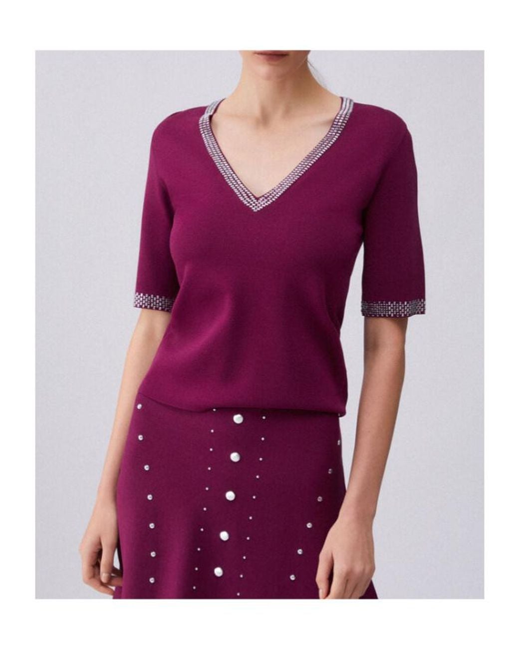 Liu Jo Purple V-Neck Rhinestone T-Shirt