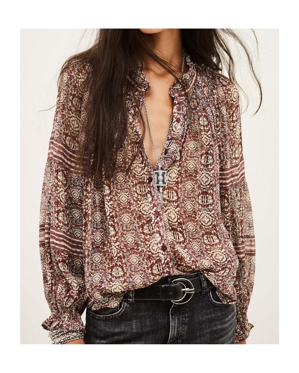 Ba&sh Brown Floral-Print Smocked Blouse