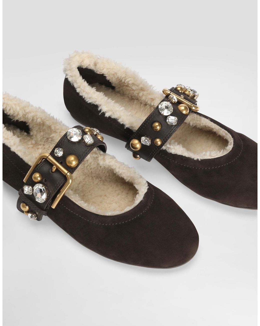 Dolce & Gabbana Brown Embellished Strap Ballet Flats