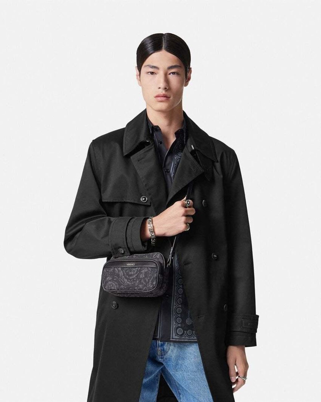 Versace Gray Barocco Athena Zip-Up Messenger Bag for men