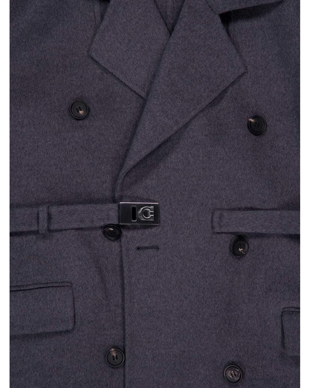Ferragamo Blue Ferragamo Double Breasted Belted Long Jacket