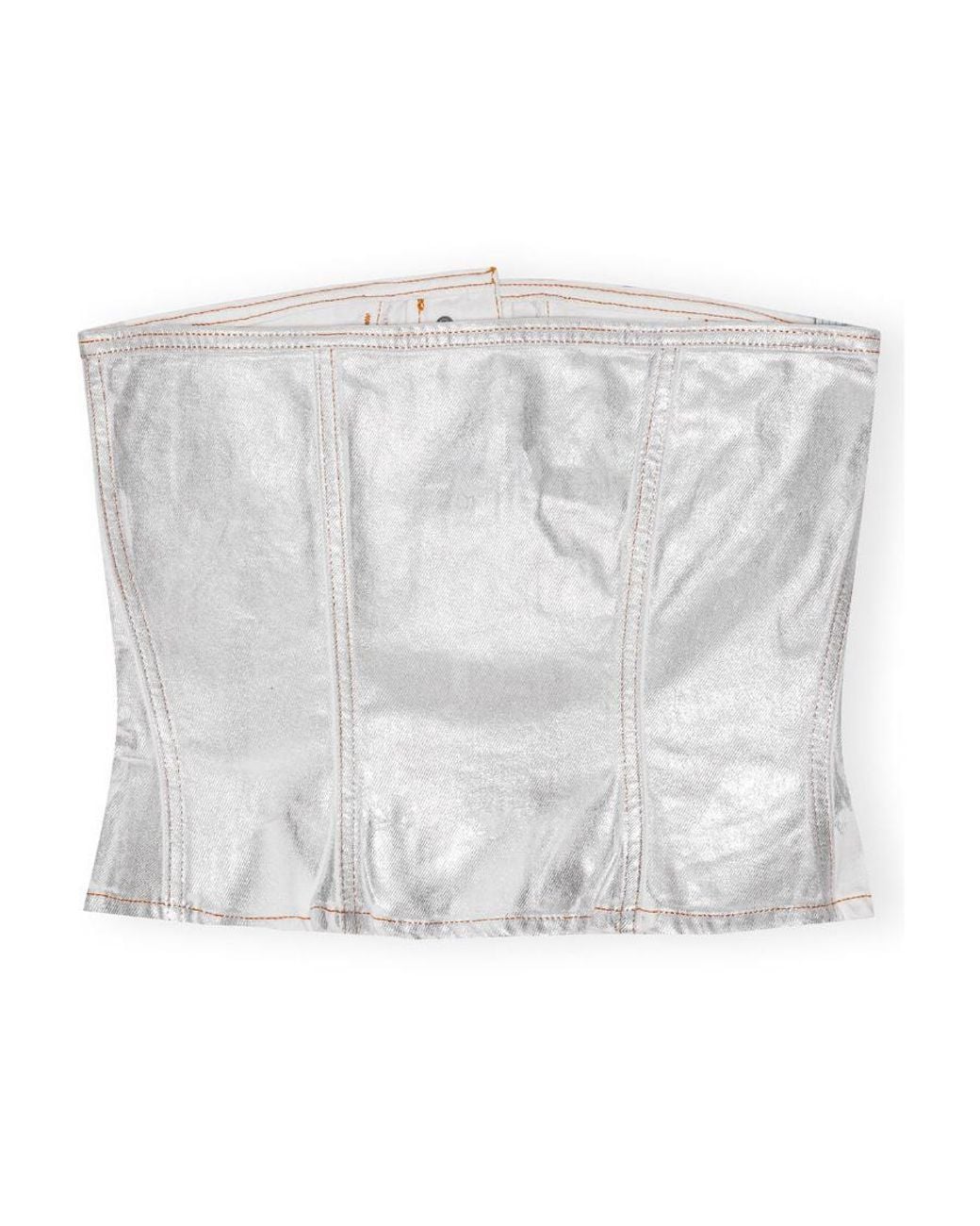 Ganni Gray Off-The-Shoulder Foil Denim Top
