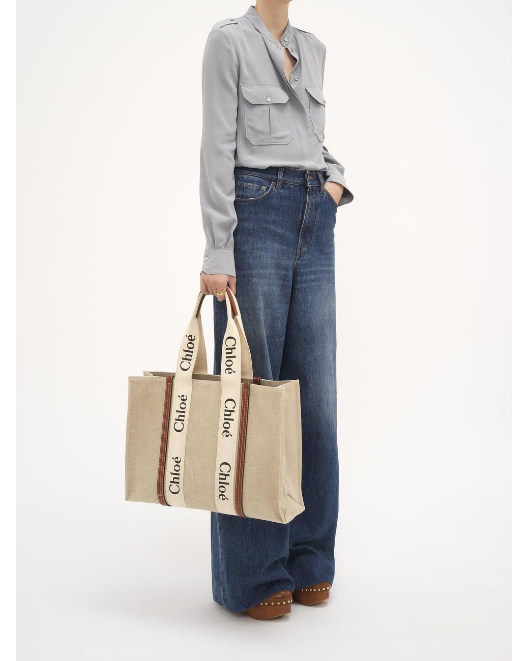 Chloé Natural Chloé Woody Logo Tape Large Tote Bag