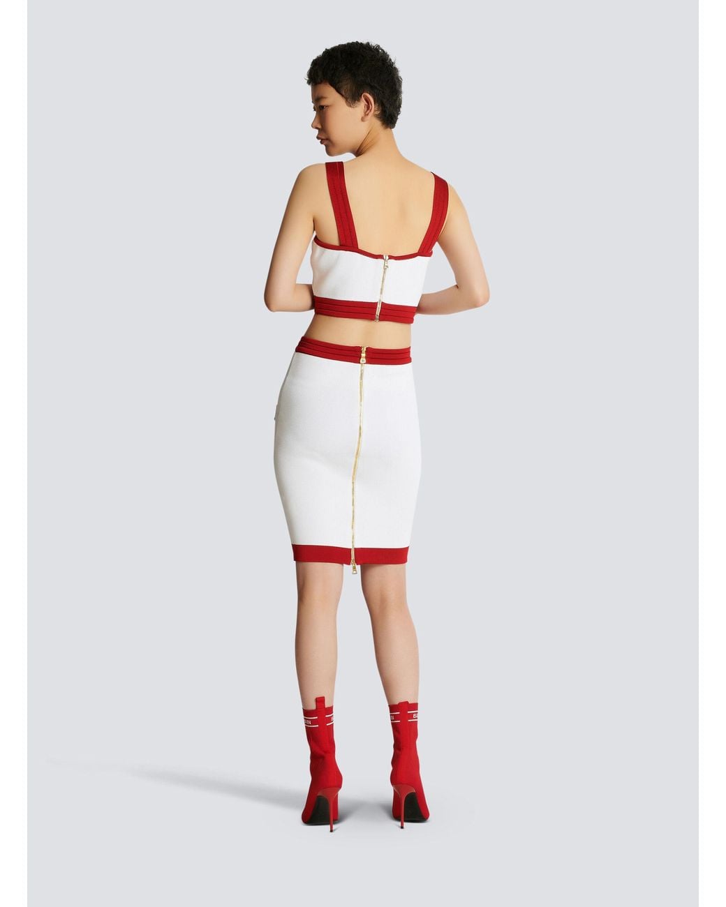 Balmain Red Knit Crop Top With-Tone Buttons