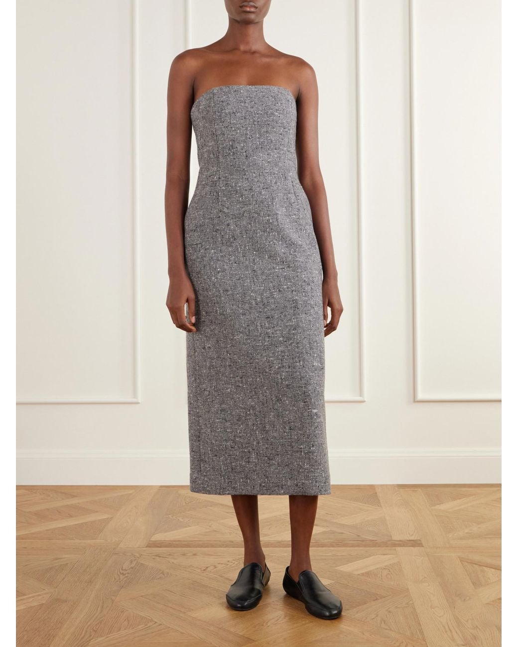 Auralee Gray Strapless Wool-Tweed Midi Dress