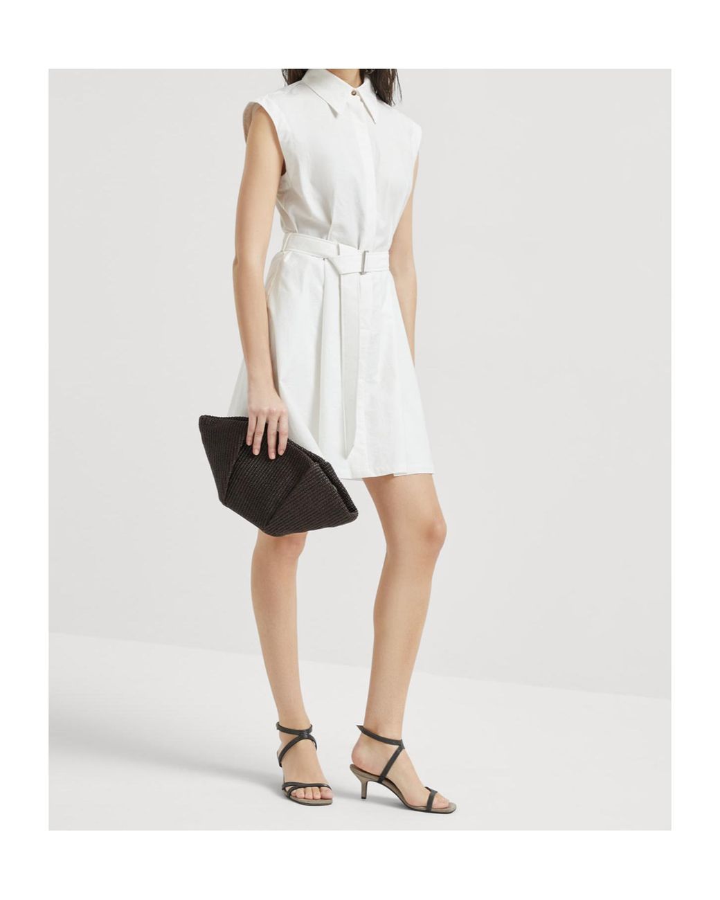 Brunello Cucinelli White Embellished Texture Twill Belted Mini Shirt Dress