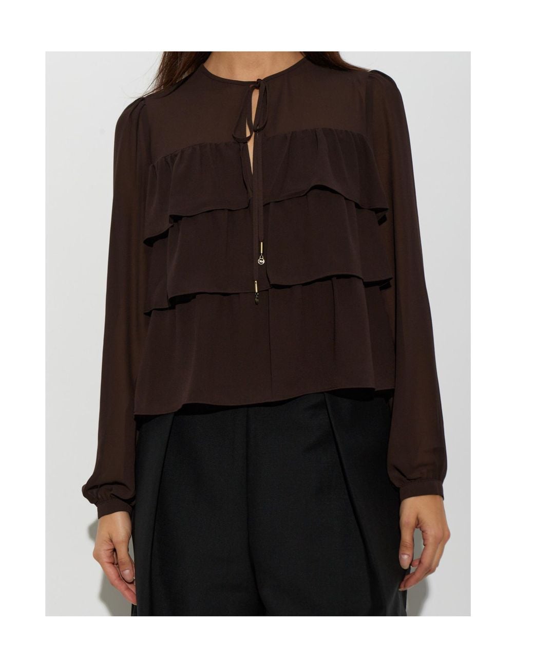 MICHAEL Michael Kors Brown Ruffled Tie-Neck Blouse