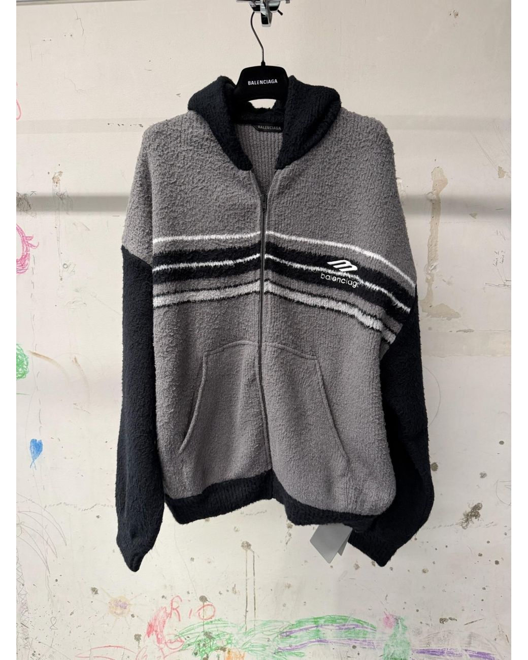 Balenciaga Gray Logo Embroidered Zip-Up Knit Jacket for men