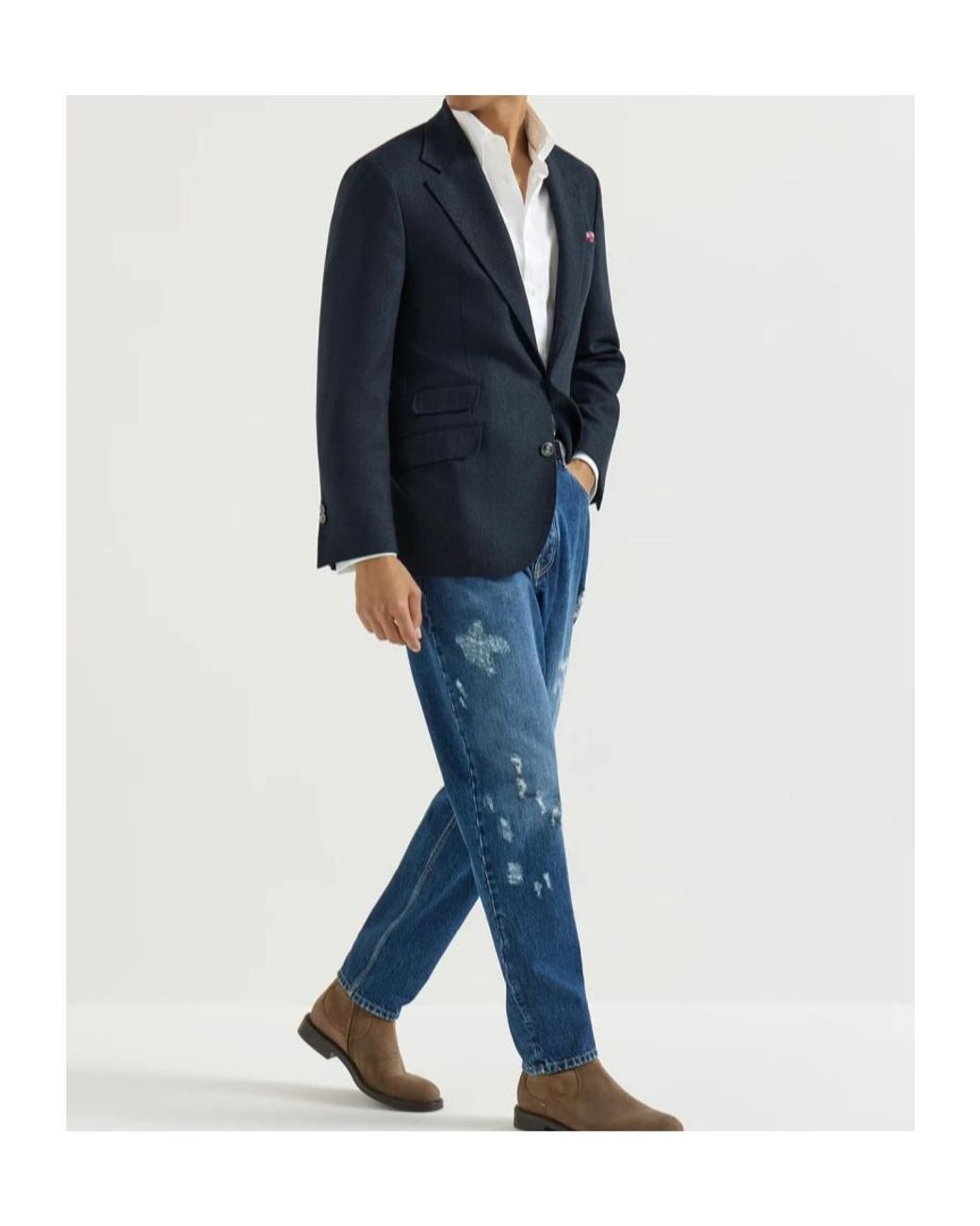 Brunello Cucinelli Blue Mouliné Virgin Wool Twill Deconstructed Cavallo Blazer With Metal Buttons for men