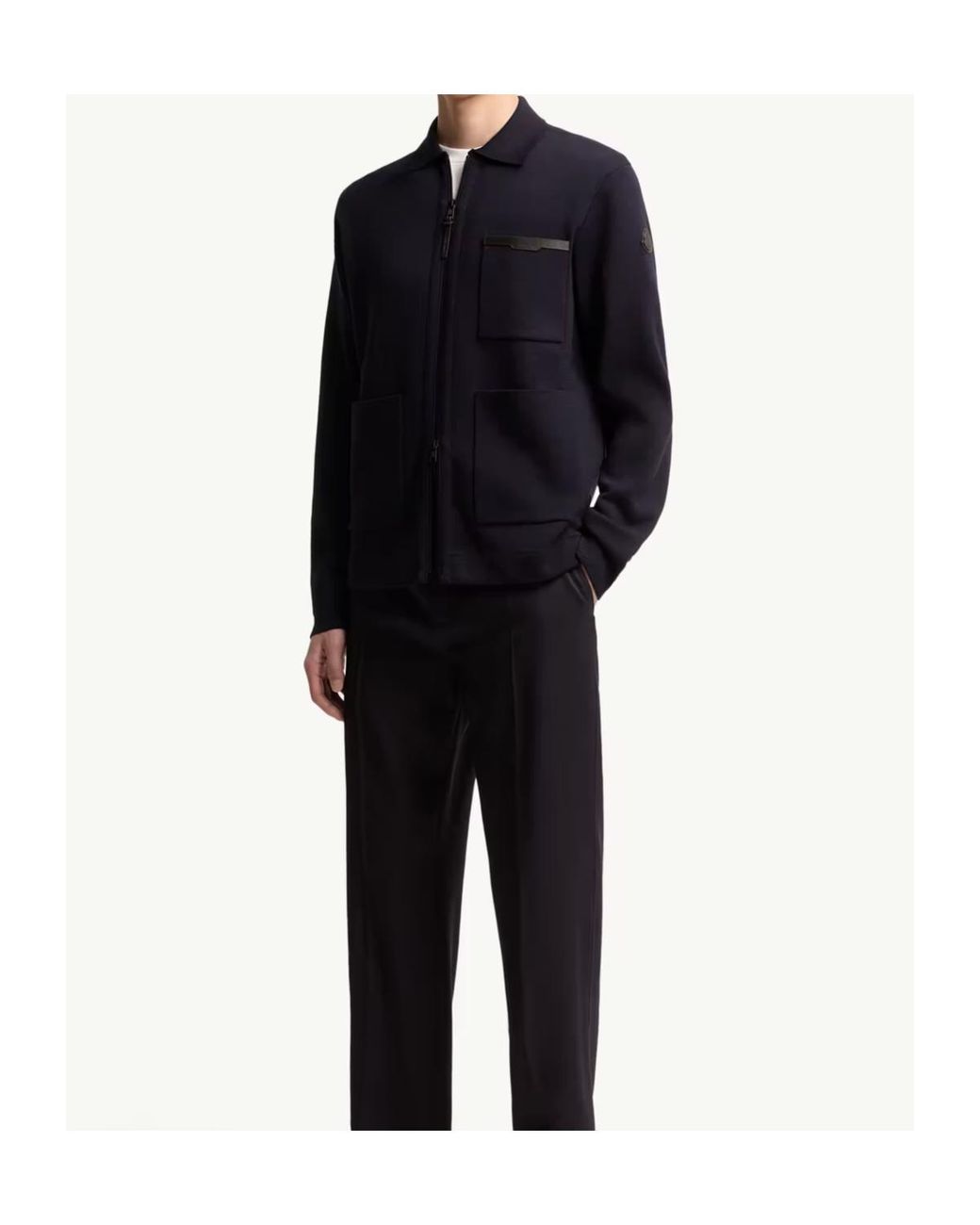 Moncler Blue Leather Logo Wool Zip-Up Cardigan for men