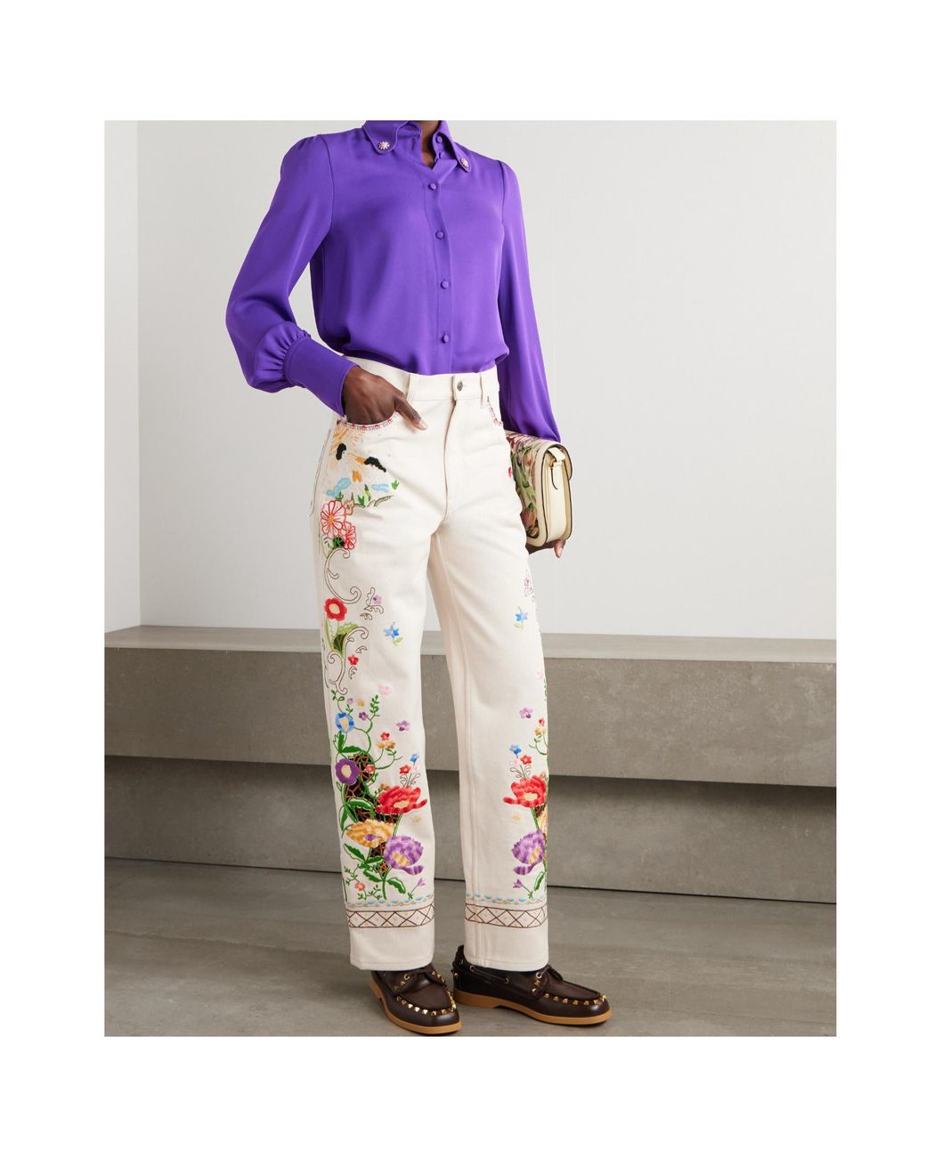 Valentino White Logo Patch Floral Patterned Jeans