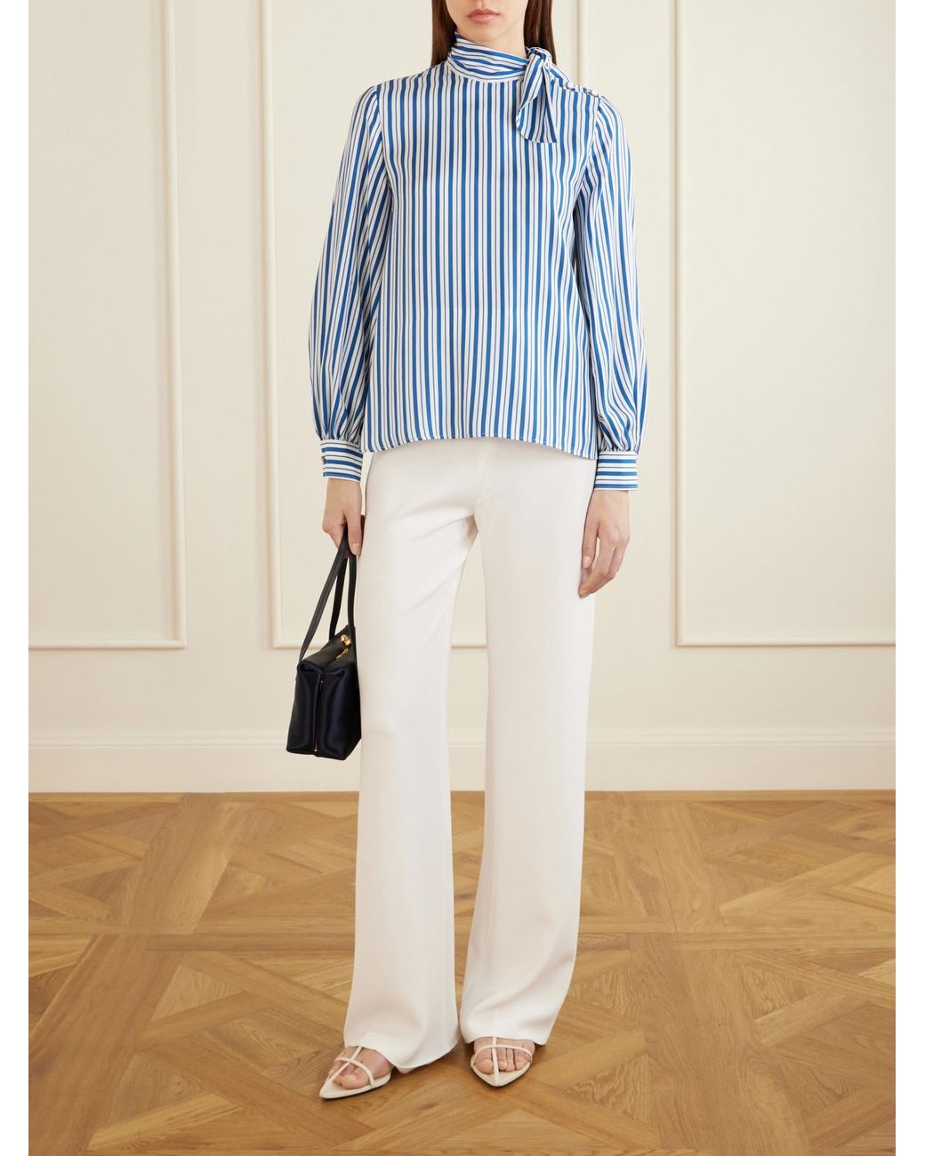 Max Mara Blue Striped Bow-Neck Top