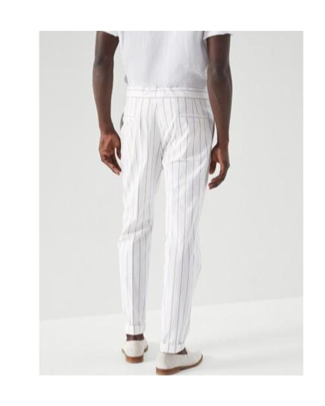 Brunello Cucinelli White Striped Drawstring Cotton Trousers for men