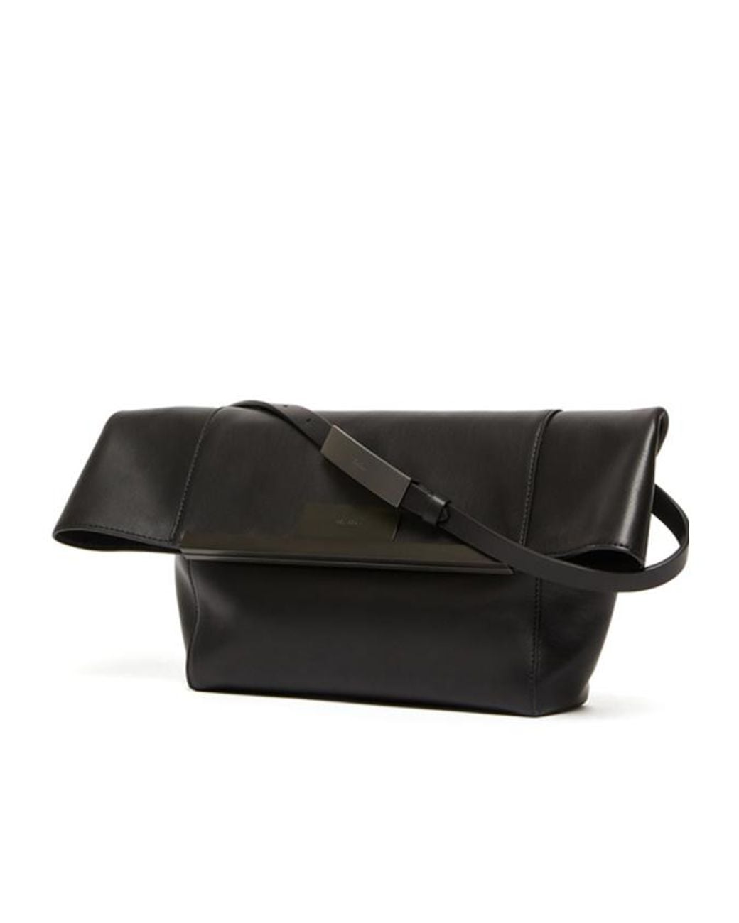 Max Mara Black Logo Engraved Foldover Top Clutch Bag