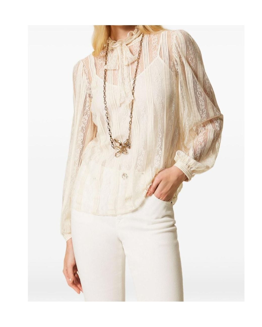 Twinset White Striped Lace Bow Blouse