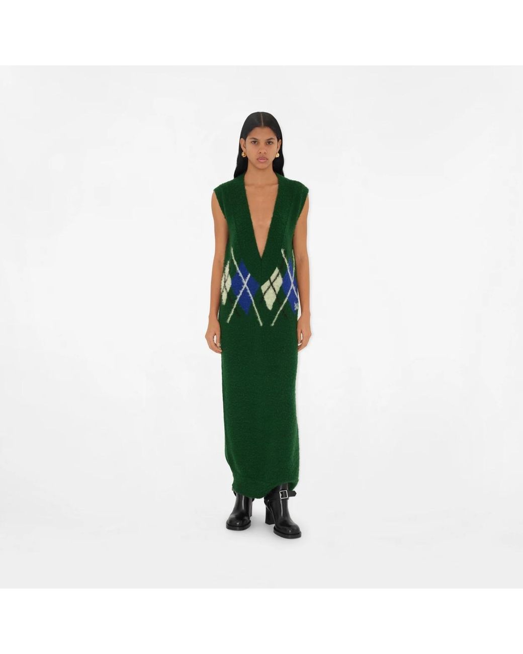 Burberry Green Argyle-Intarsia V-Neck Maxi Dress